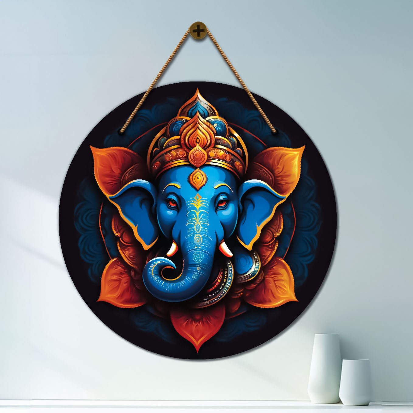Elephant in blue and yellow mandala Round Wooden Wall Hanging for wall Décor - Design - 330