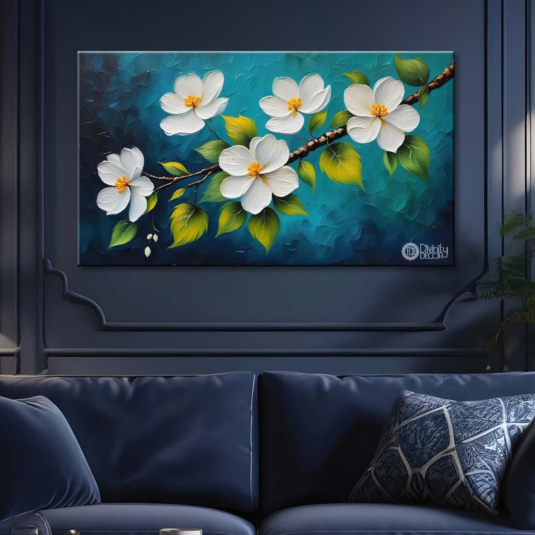 White flowers in sea green background canvas painting- Flower-330