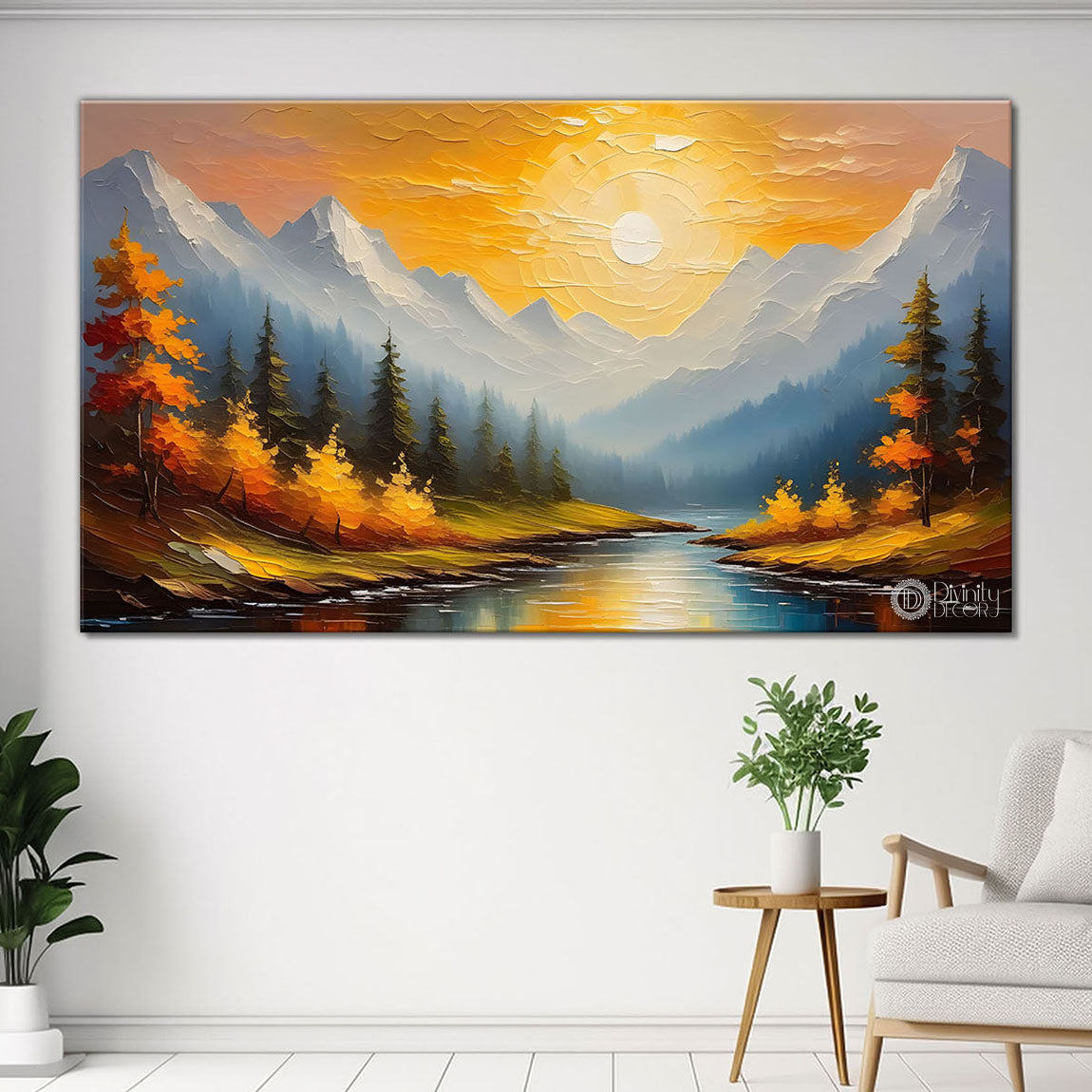 Mountains with trees and river in textured painting Canvas Painting - Nature Art -331