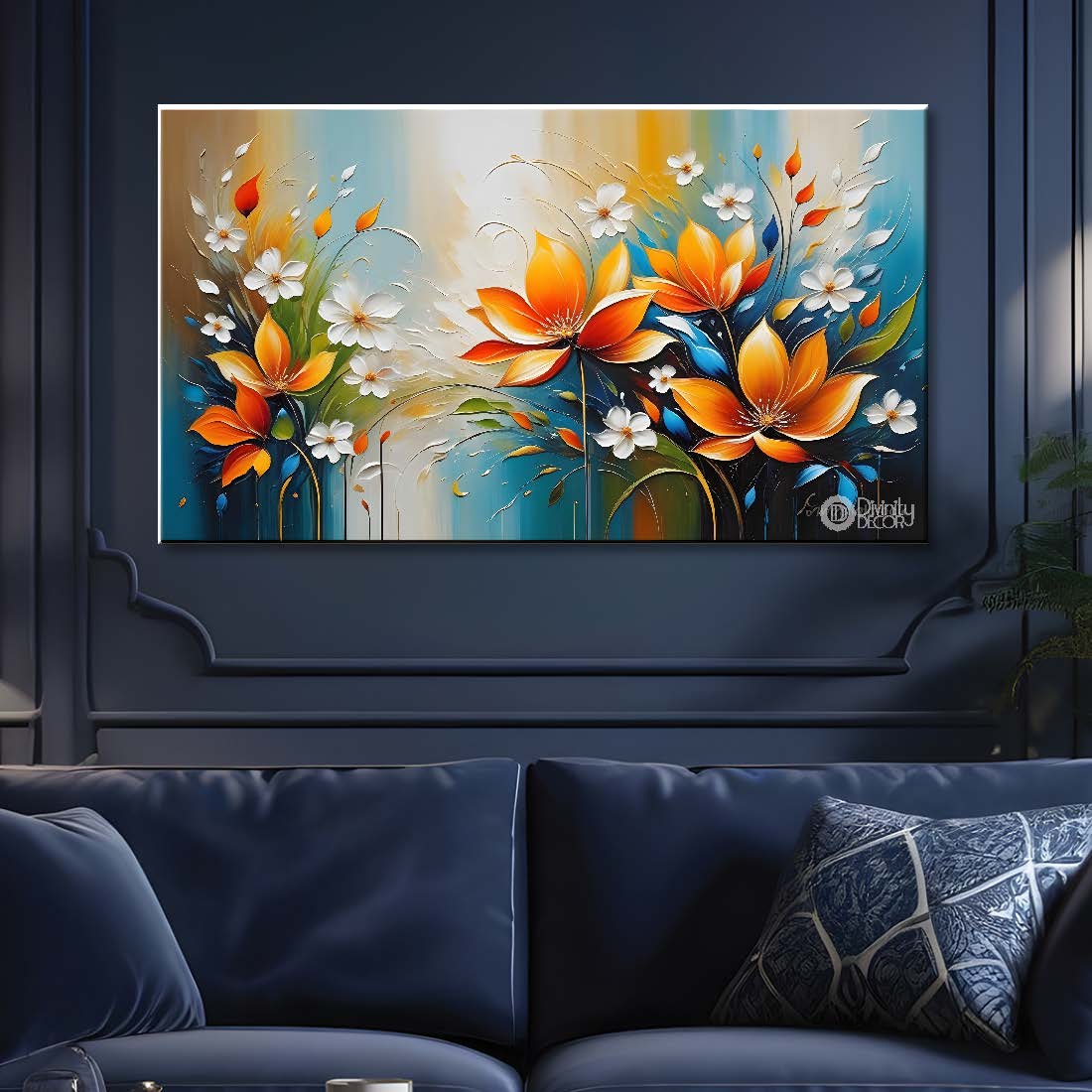 Orange flowers in blue background canvas painting- Flower-331