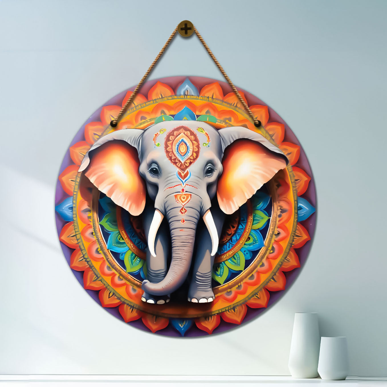 Elephant in grey and orange mandala Round Wooden Wall Hanging for wall Décor - Design - 331
