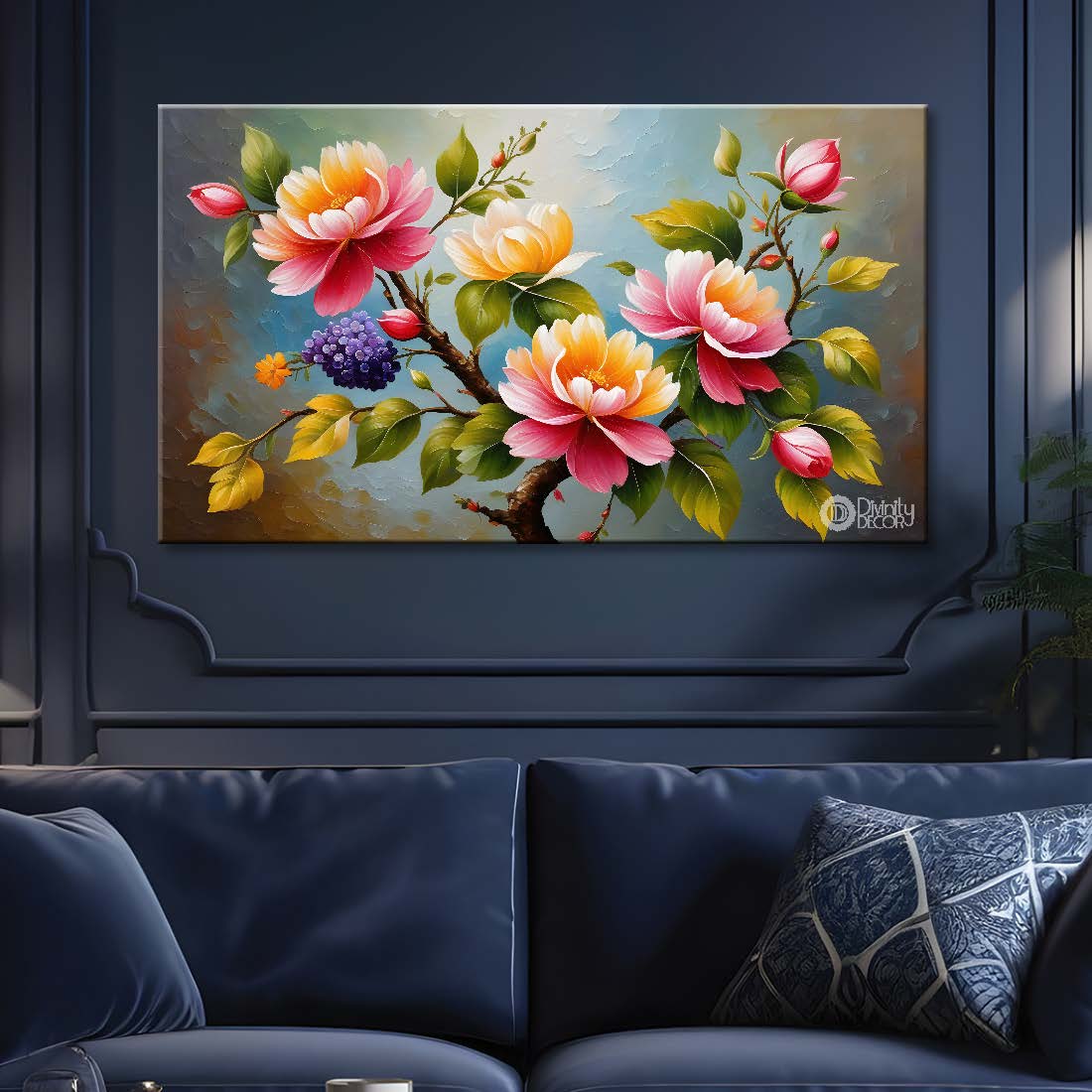 Pink flowers in light background canvas painting- Flower-332