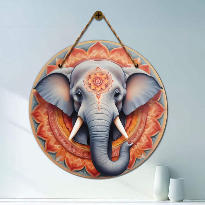 Elephant in grey and orange mandala Round Wooden Wall Hanging for wall Décor - Design - 332