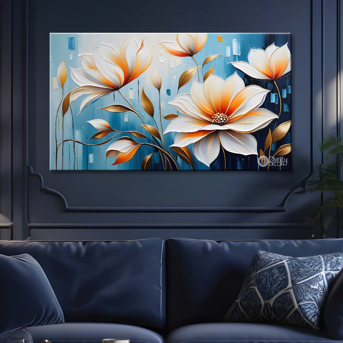 White flowers in blue background canvas painting- Flower-333