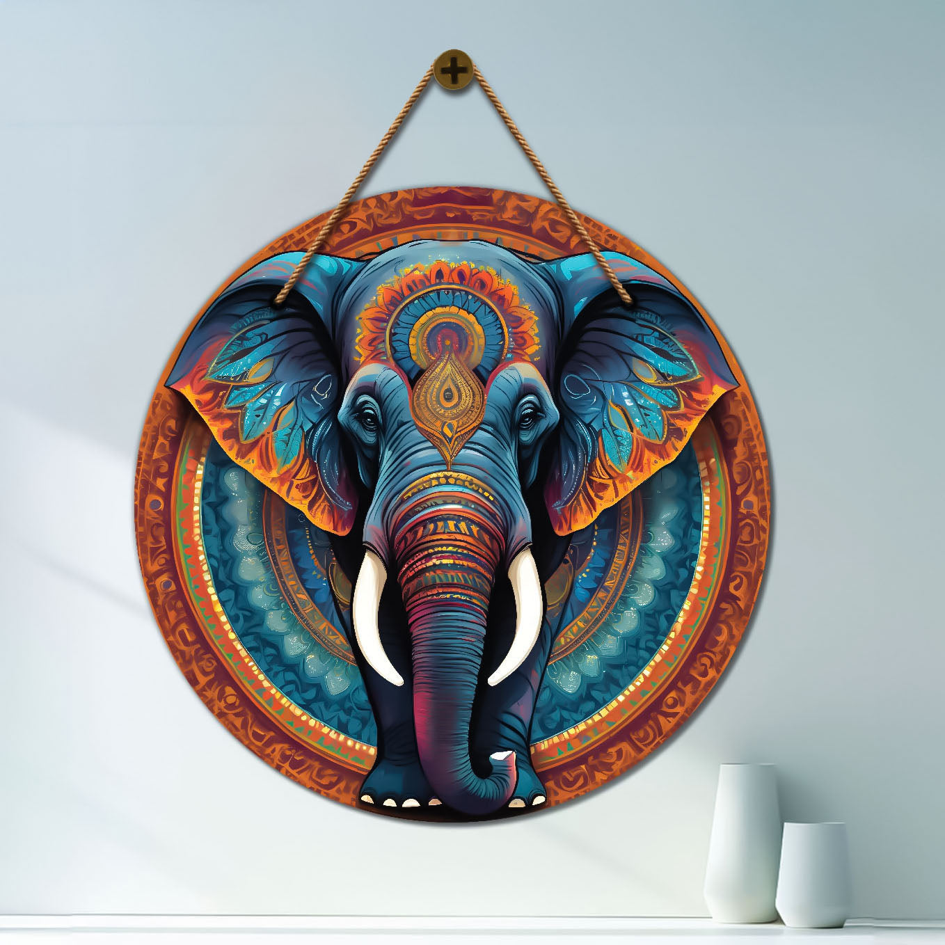 Elephant in blue and brown mandala Round Wooden Wall Hanging for wall Décor - Design - 333