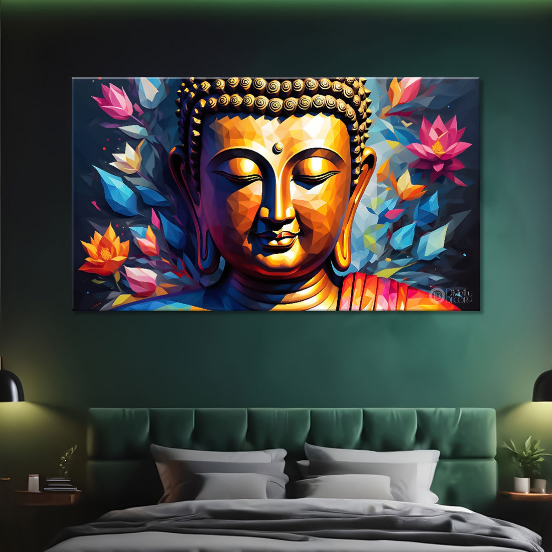 Golden buddha with colorful flowers background textured painting Canvas Wall Painting - Buddha-334