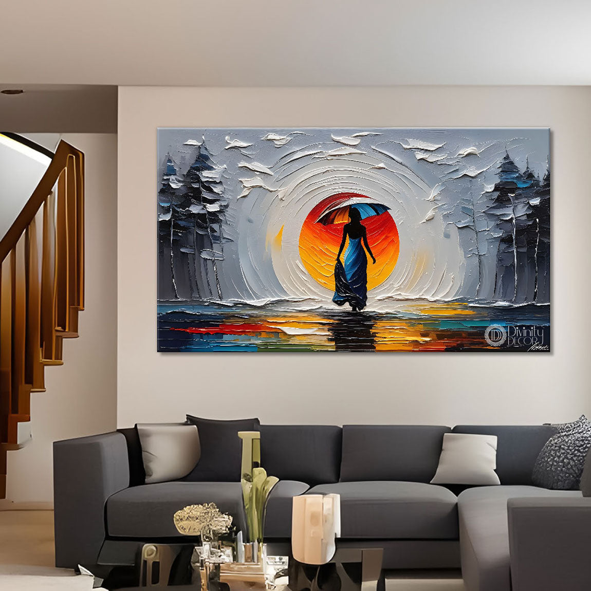 Women with umbrella textured modern art Canvas Painting - Design - Modern-L-334