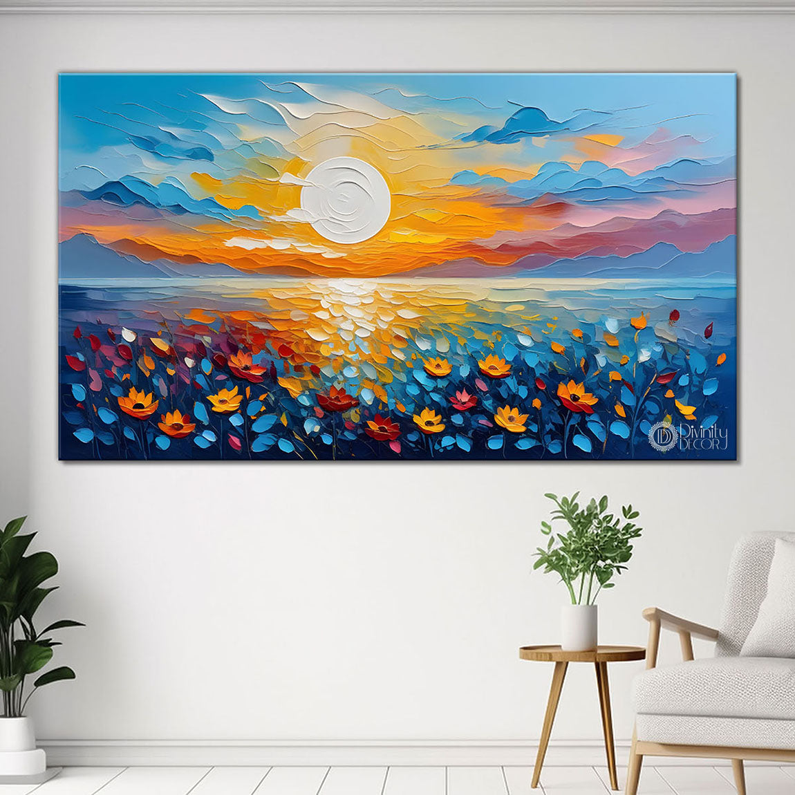 Mountains with flowers and sunset painting Canvas Painting - Nature Art -335