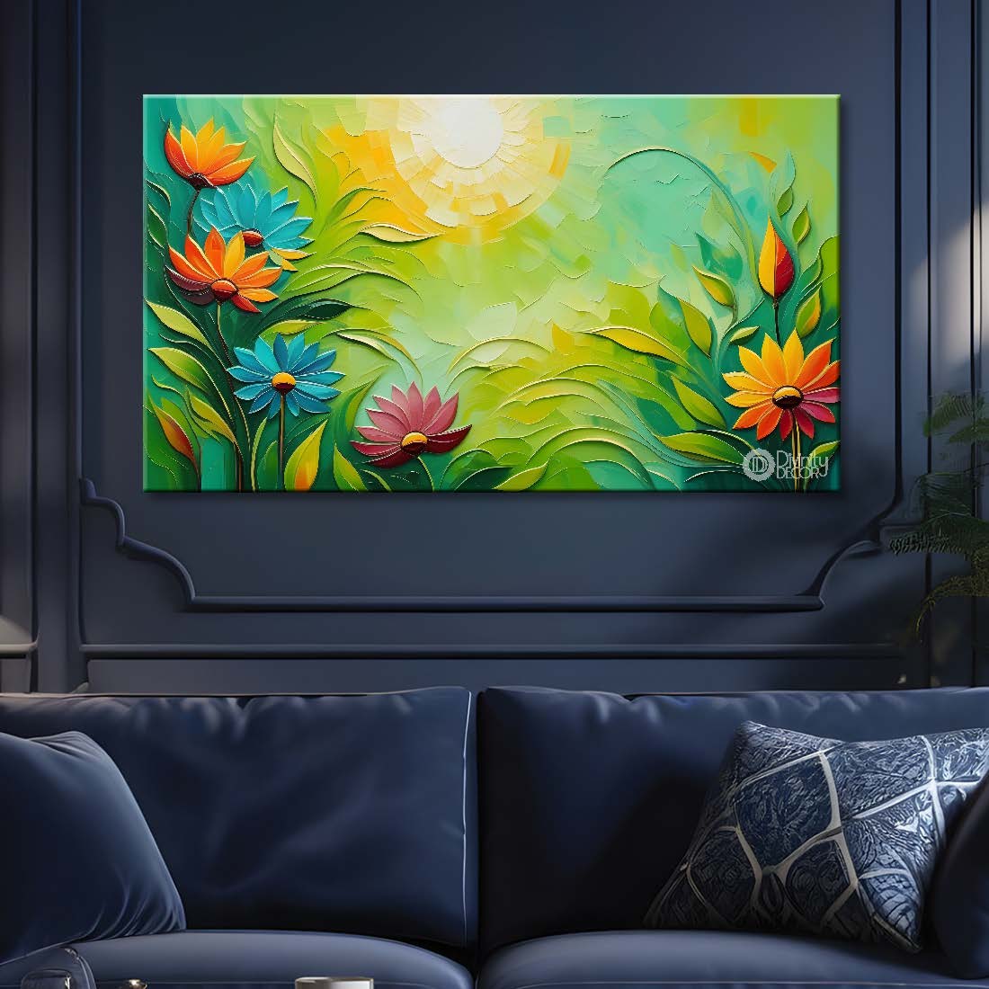 Orange flowers in green background canvas painting- Flower-335