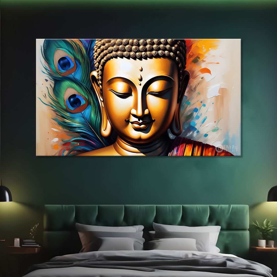 Golden buddha with peacock feather background textured painting Canvas Wall Painting - Buddha-336