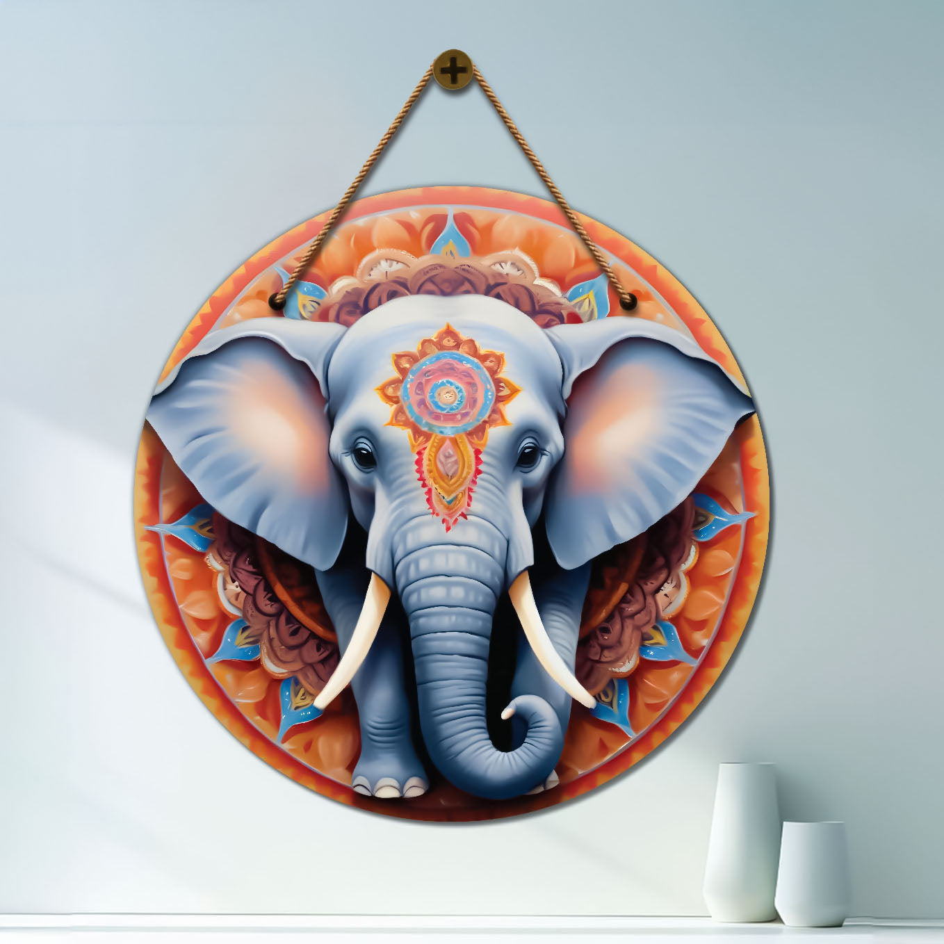 Elephant in grey and orange mandala Round Wooden Wall Hanging for wall Décor - Design - 336