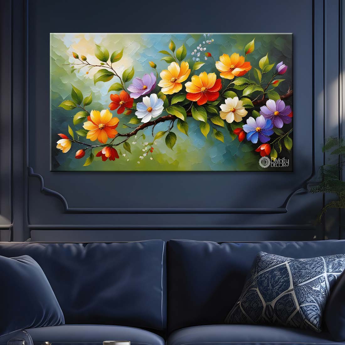 Colorful flowers in blue background canvas painting- Flower-336