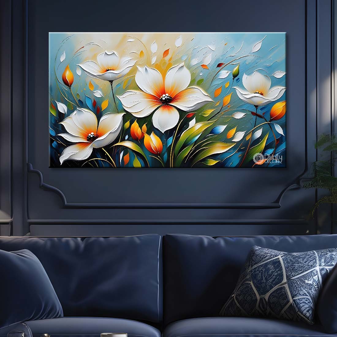 White flowers in blue background canvas painting- Flower-337