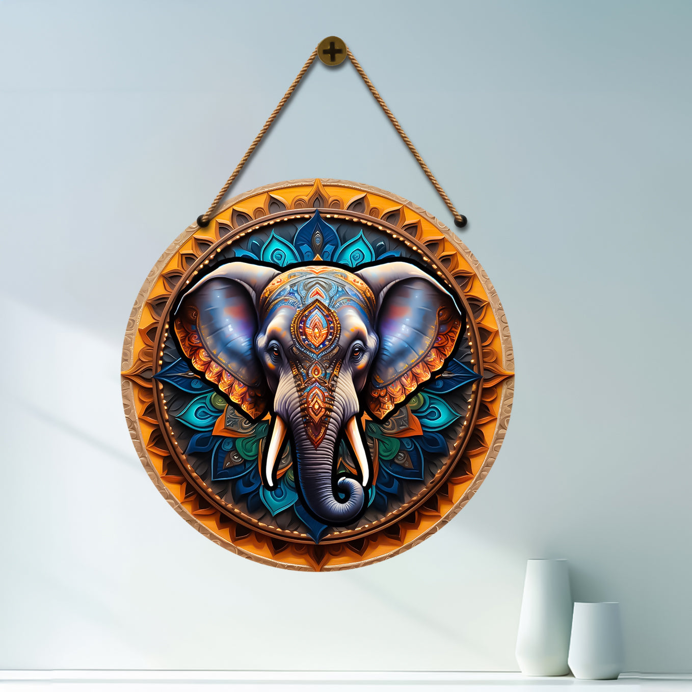 Elephant in blue and yellow mandala Round Wooden Wall Hanging for wall Décor - Design - 337