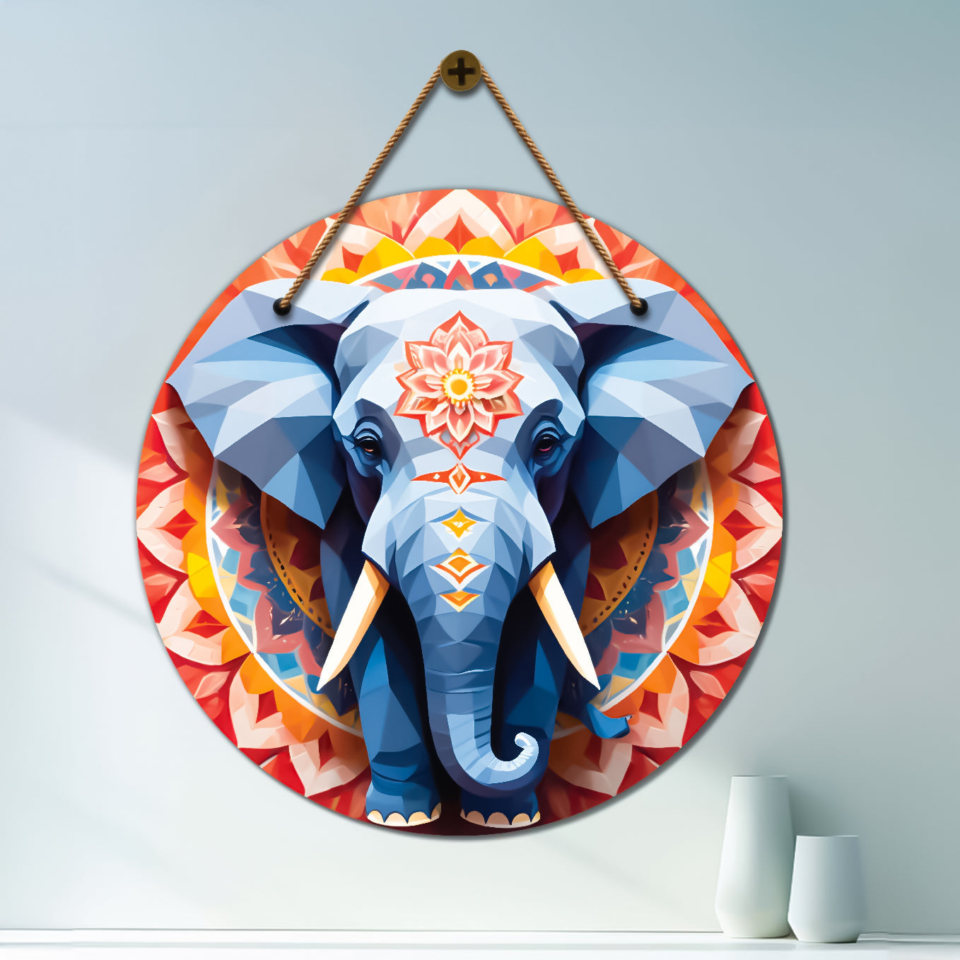 Elephant in grey and orange mandala Round Wooden Wall Hanging for wall Décor - Design - 338