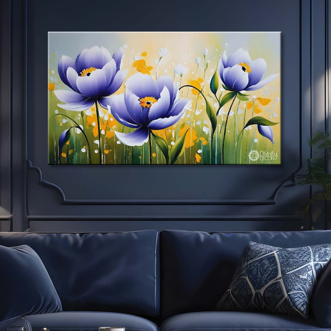 Purple flowers in grey background canvas painting- Flower-338