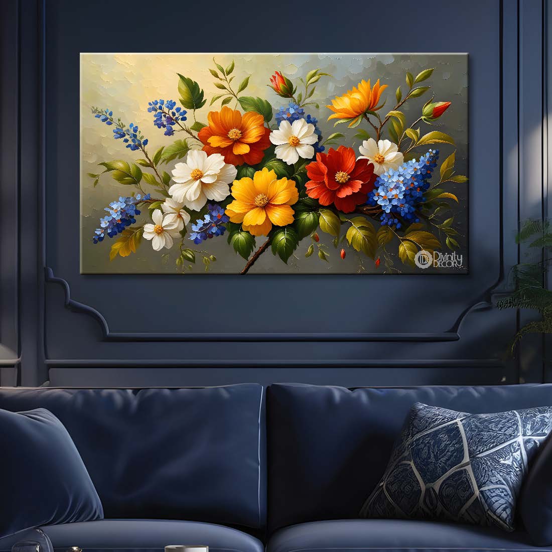 Colorful flowers in golden background canvas painting- Flower-339
