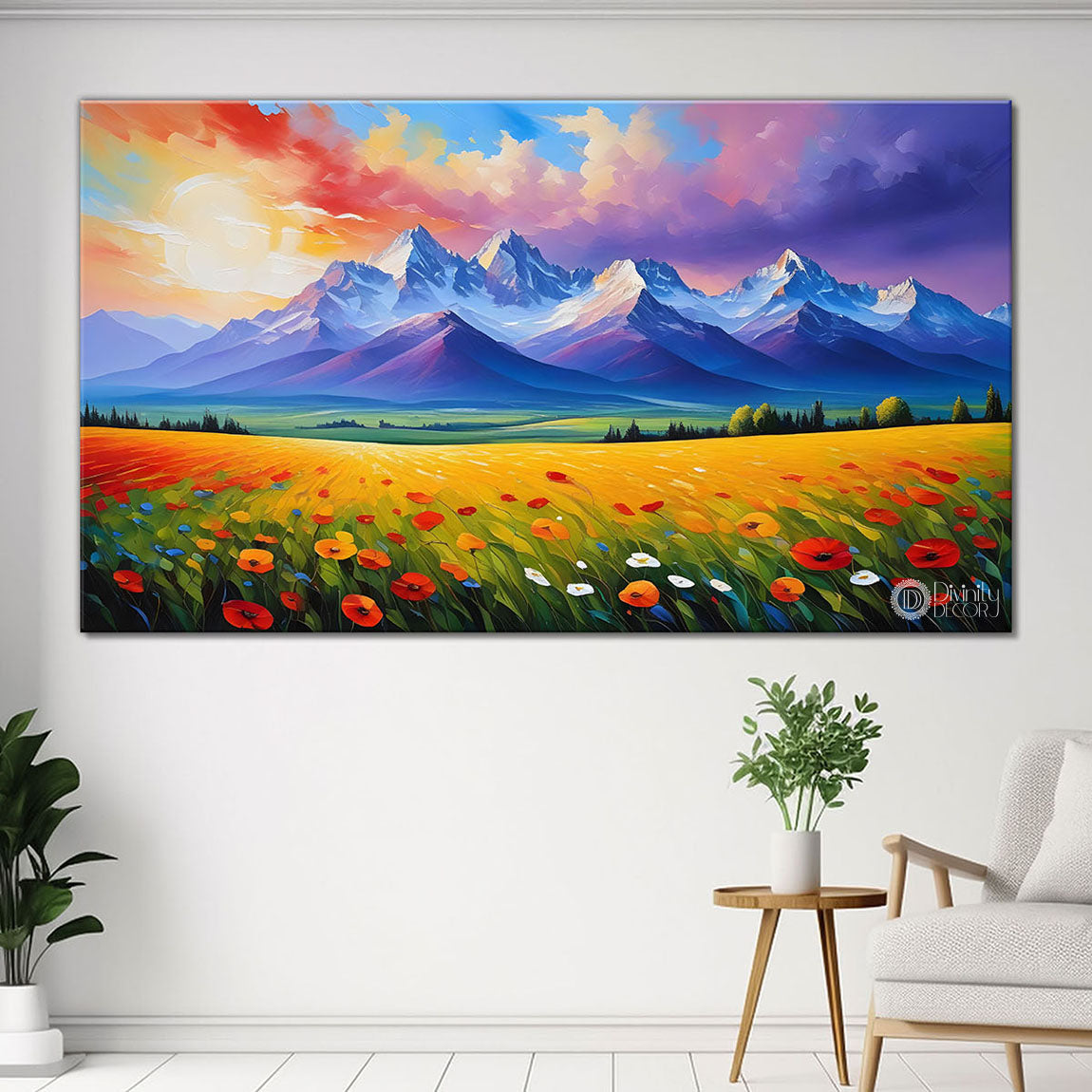 Mountains with flowers and sunset painting Canvas Painting - Nature Art -339