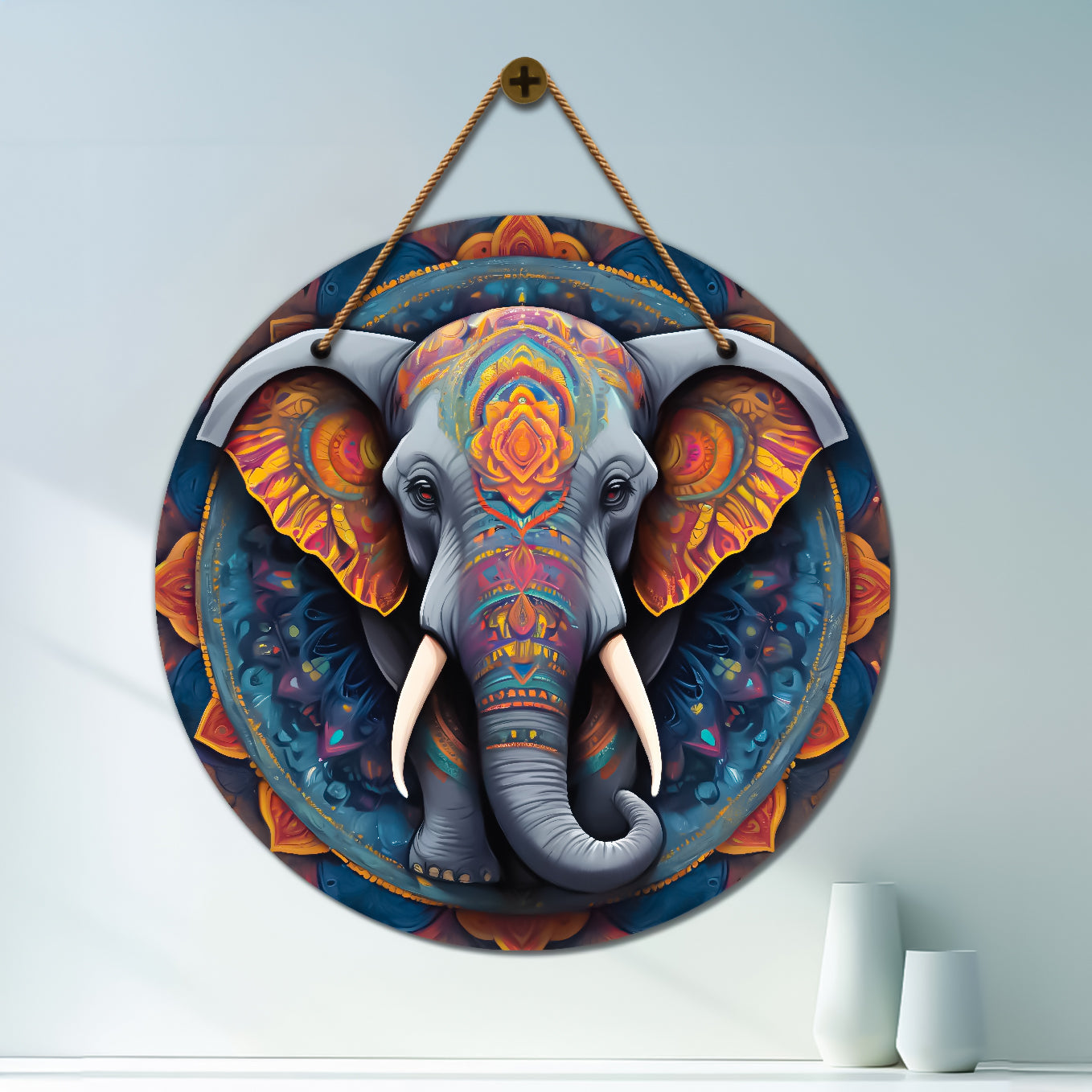 Elephant in grey and orange mandala Round Wooden Wall Hanging for wall Décor - Design - 339