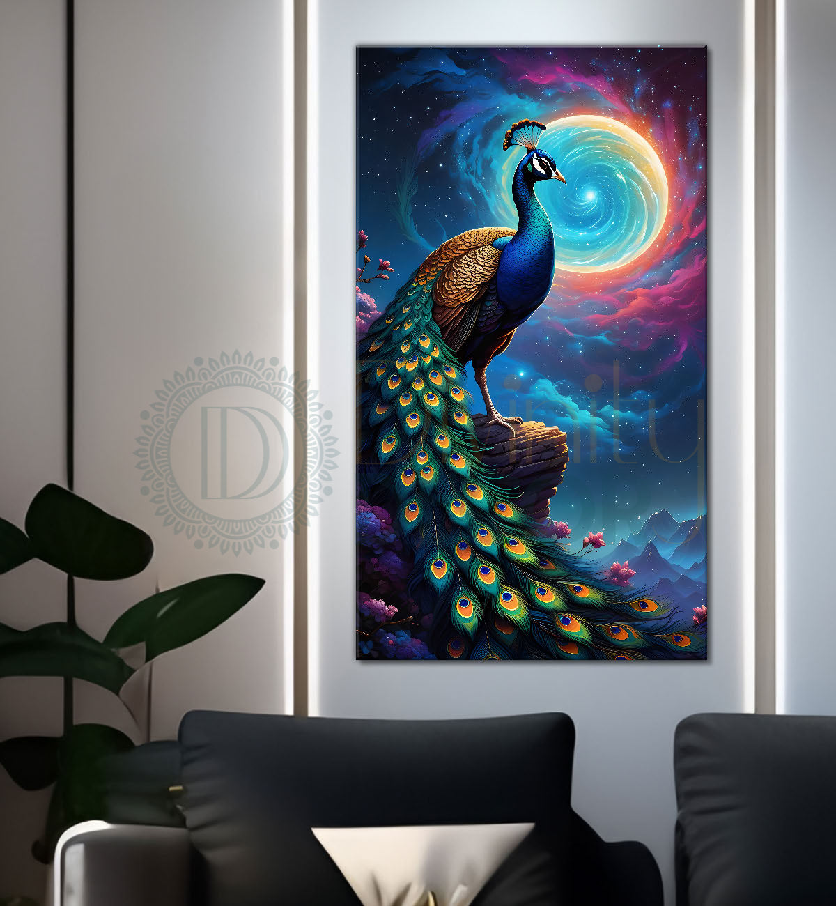 Peacock in front of moon with blue background modern art painting  - Design - Peacock-V-33