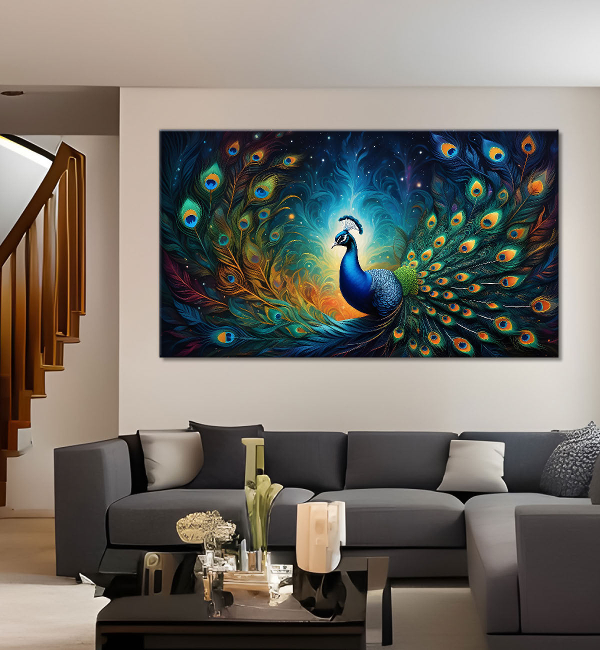 Peacock in bright colors oil painting Canvas Painting - Design - Peacock-33