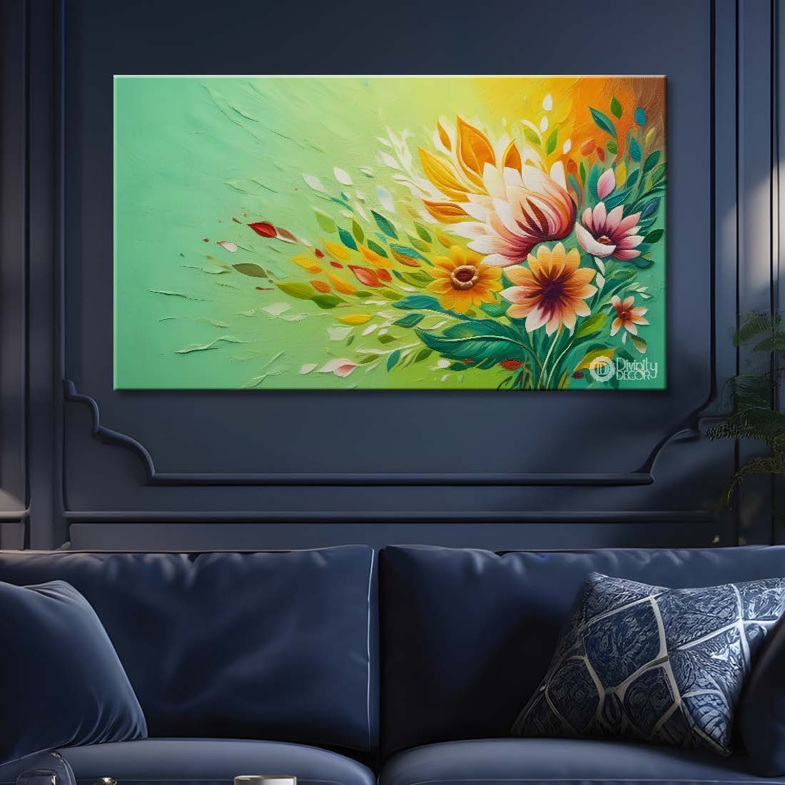Yellow flowers in green background canvas painting- Flower-340