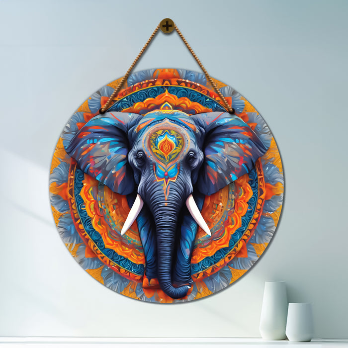 Elephant in grey and orange mandala Round Wooden Wall Hanging for wall Décor - Design - 340