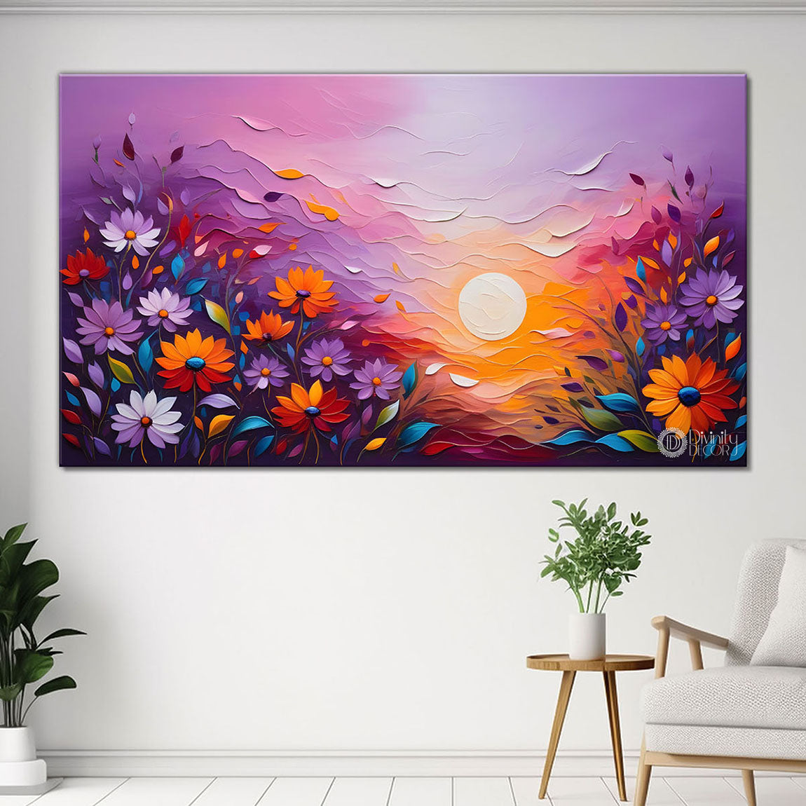 Sunset with flowers painting Canvas Painting - Nature Art -340
