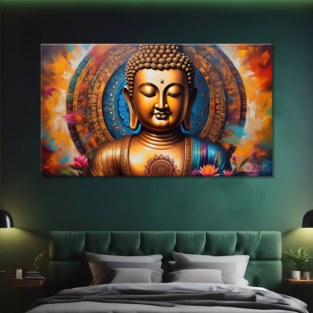 Golden buddha with colorful chakra background textured painting Canvas Wall Painting - Buddha-341