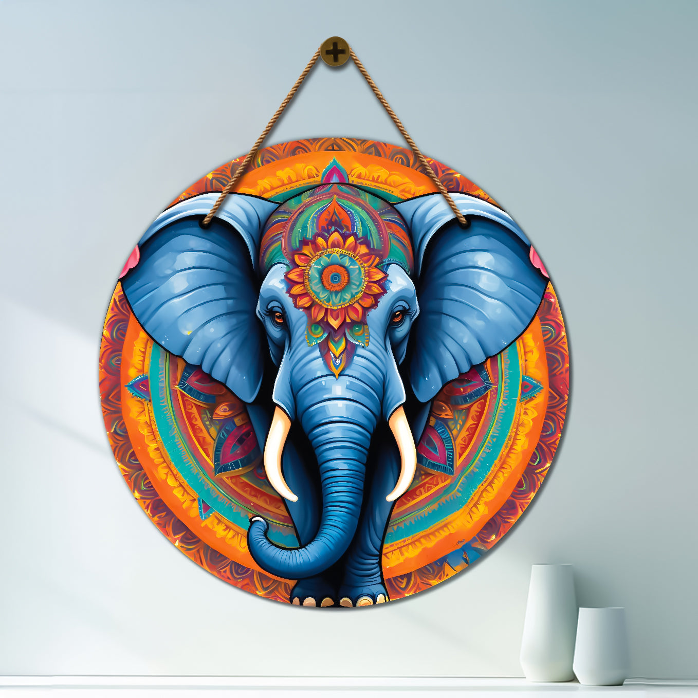 Elephant in blue and yellow mandala Round Wooden Wall Hanging for wall Décor - Design - 341
