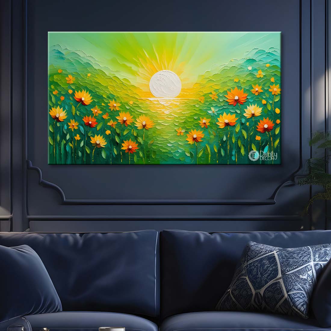 Yellow flowers in green background canvas painting- Flower-341