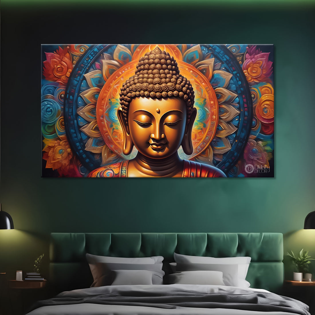 Golden buddha with colorful chakra background textured painting Canvas Wall Painting - Buddha-342
