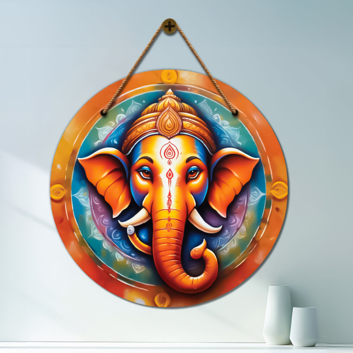 Ganesh Ji in blue and orange mandala Round Wooden Wall Hanging for wall Décor - Design - 342