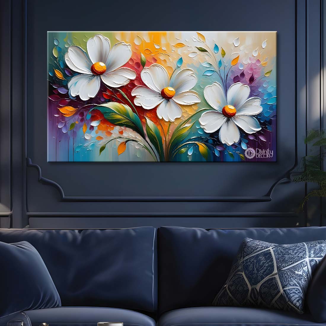 White flowers in colorful background canvas painting- Flower-342