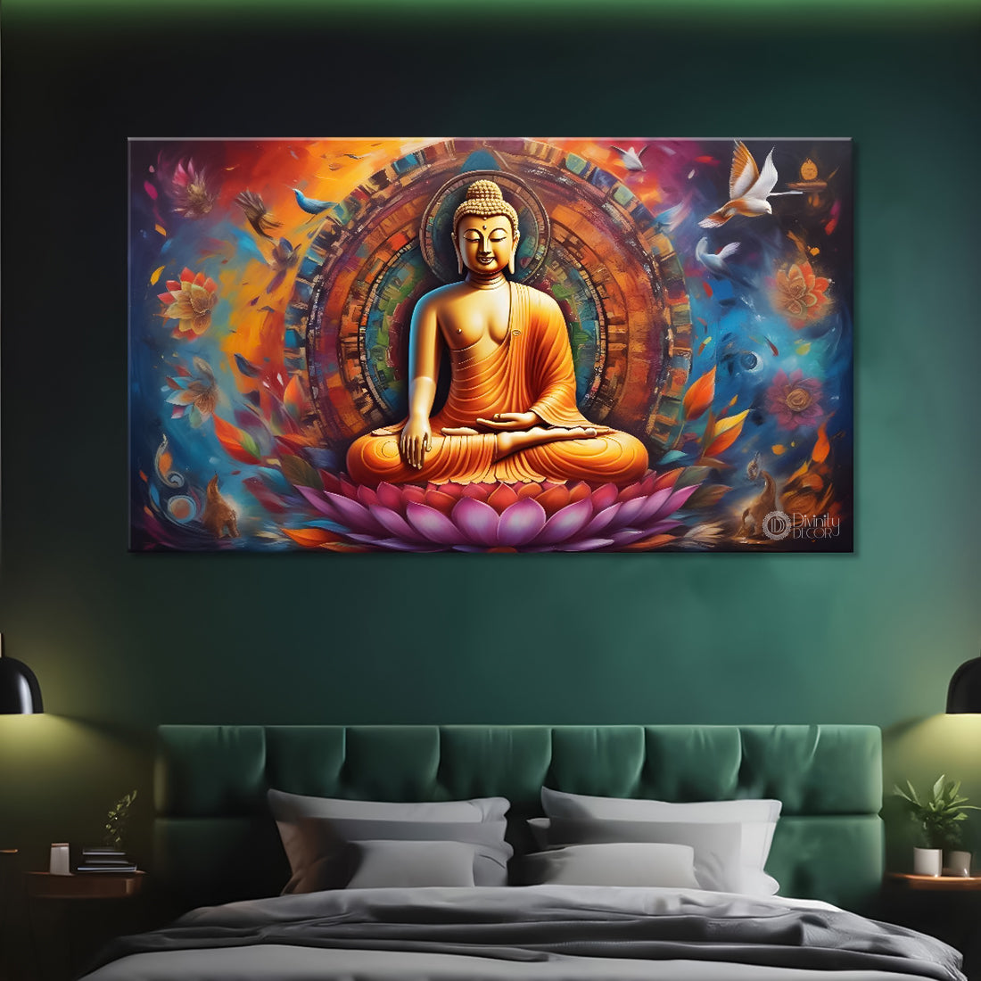 Golden buddha with colorful chakra background textured painting Canvas Wall Painting - Buddha-343