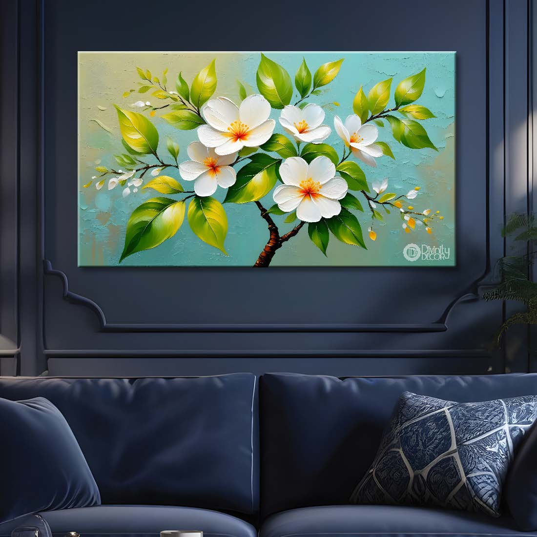 White flowers in green background canvas painting- Flower-343