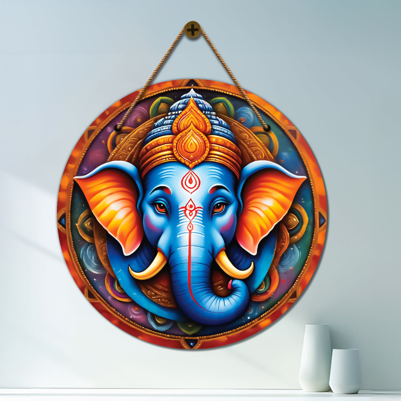 Ganesh Ji in blue and orange mandala Round Wooden Wall Hanging for wall Décor - Design - 343