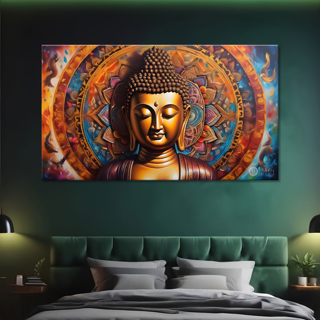 Golden buddha with colorful chakra background textured painting Canvas Wall Painting - Buddha-344