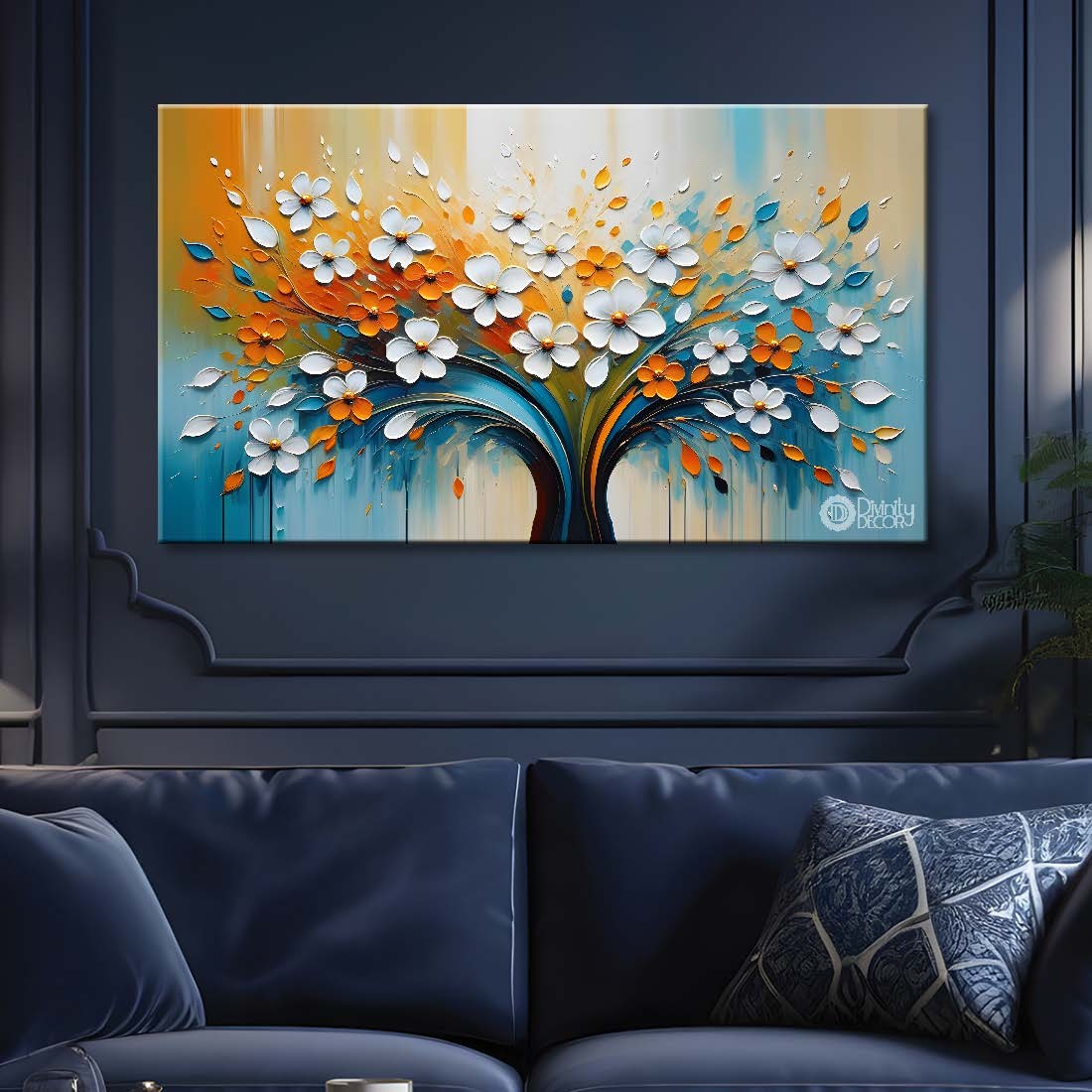 White flowers tree in colorful background canvas painting- Flower-344