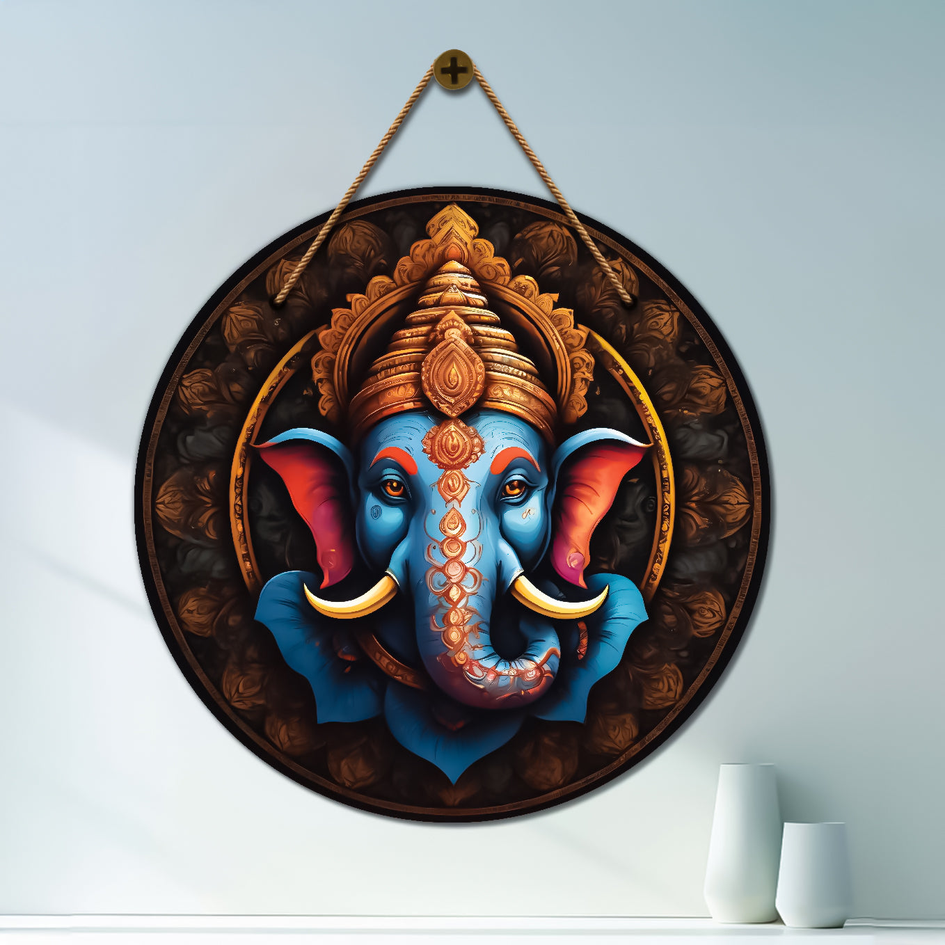 Ganesh Ji in blue and brown mandala Round Wooden Wall Hanging for wall Décor - Design - 345