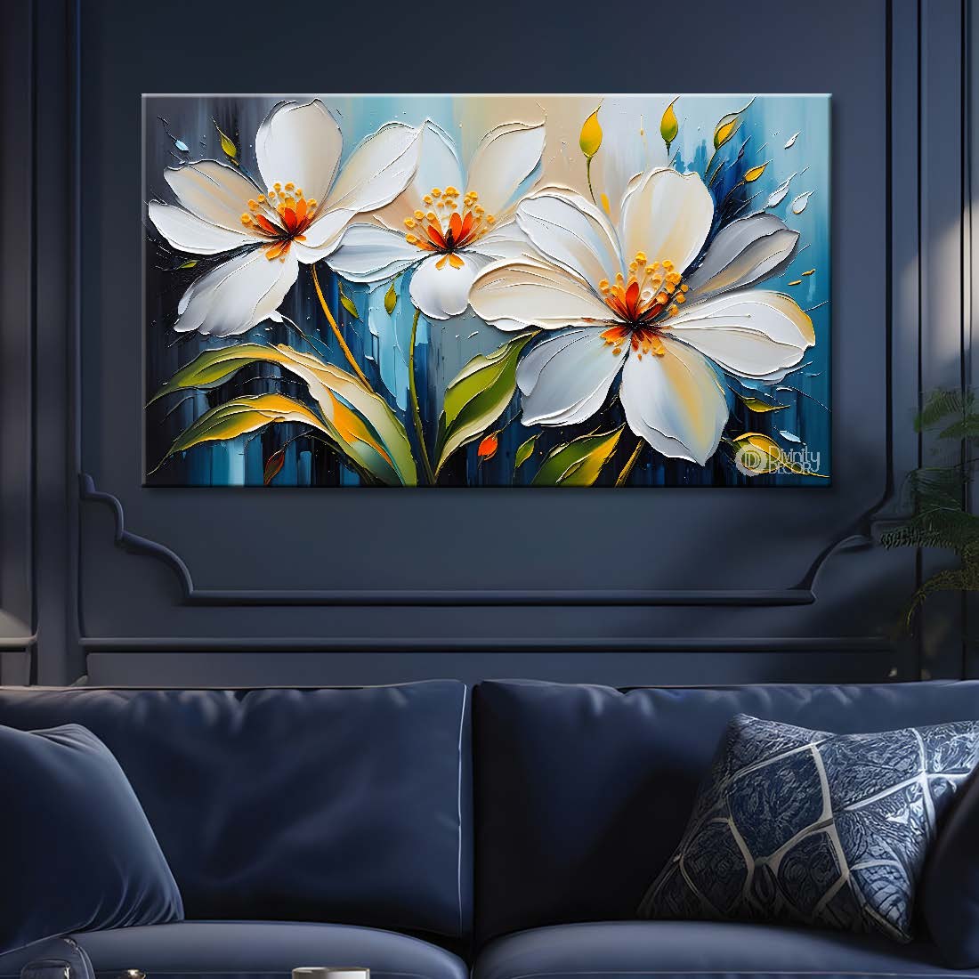 White flowers in blue background canvas painting- Flower-345