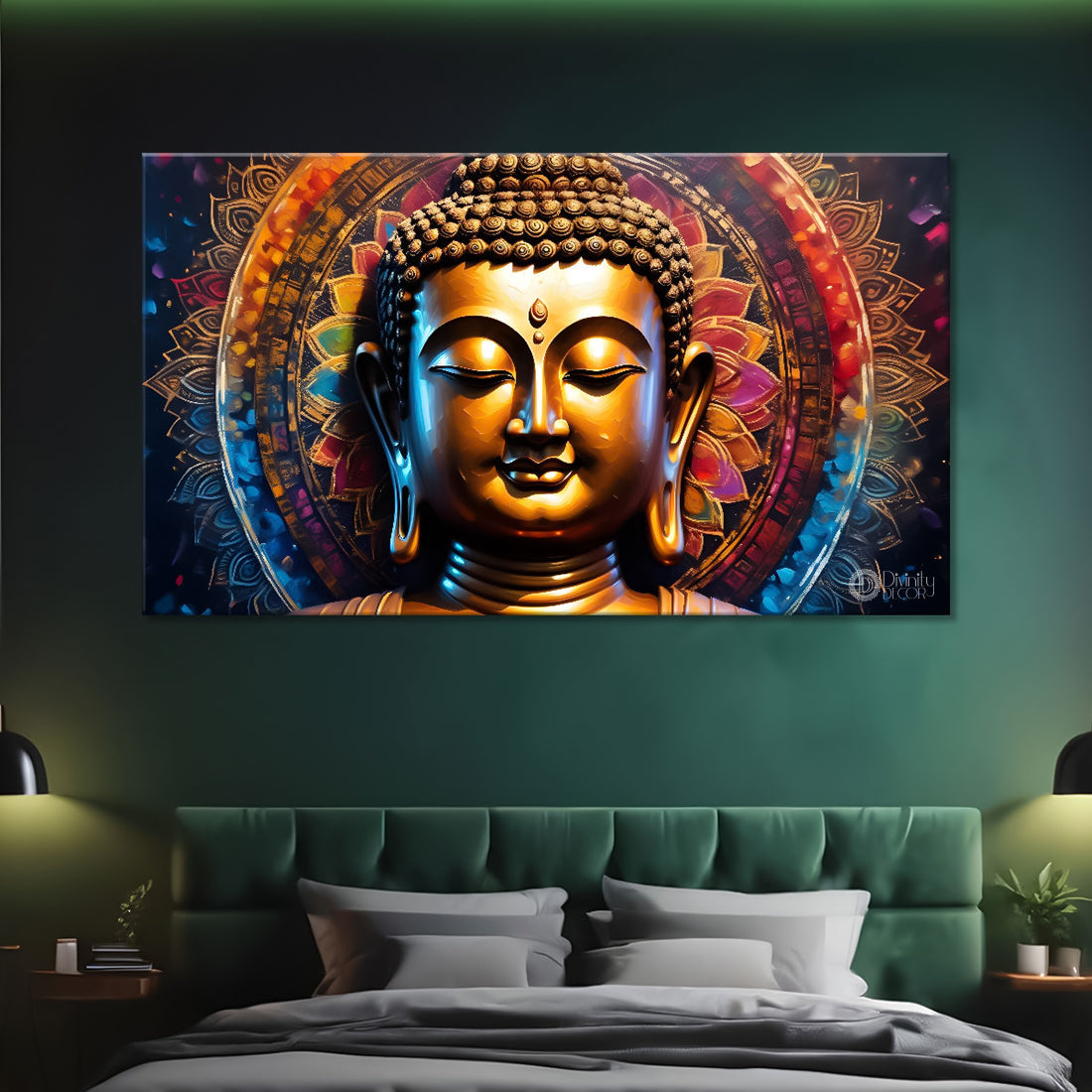 Golden buddha with colorful chakra background textured painting Canvas Wall Painting - Buddha-346