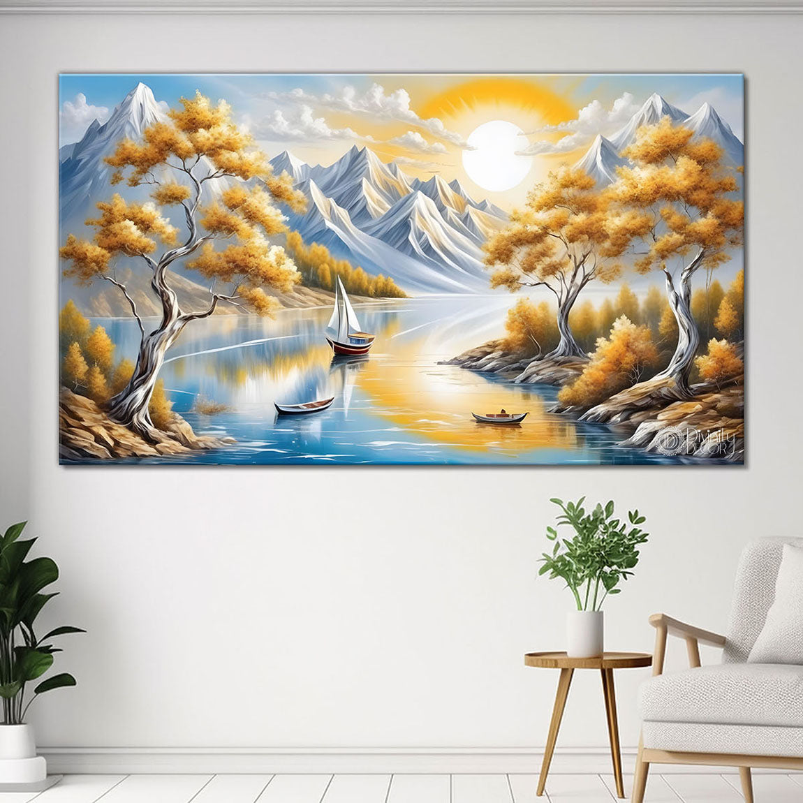 Golden trees with mountains painting Canvas Painting - Nature Art -346