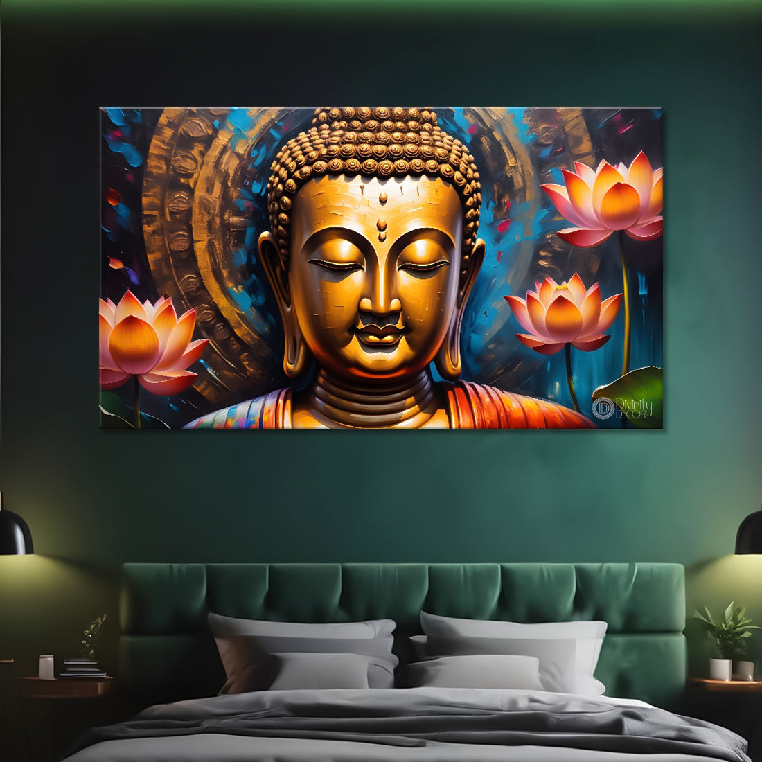 Golden buddha with colorful and lotus background textured painting Canvas Wall Painting - Buddha-347