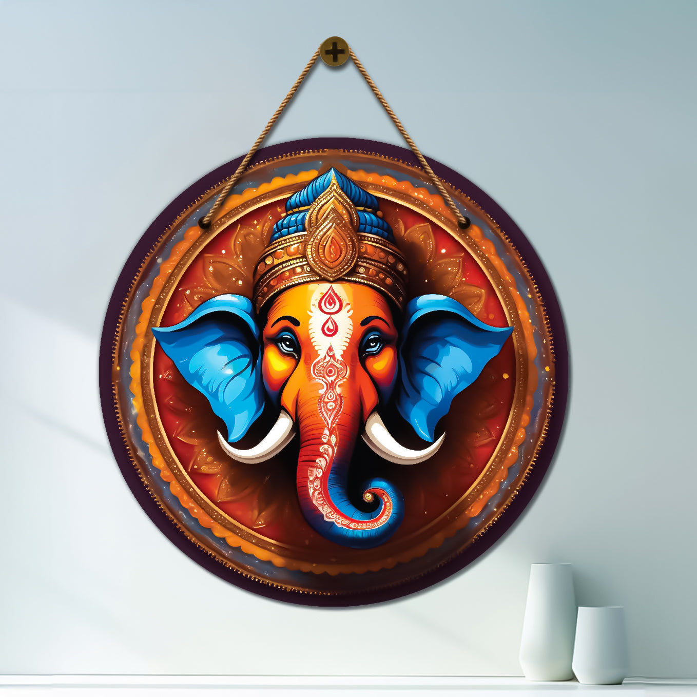 Ganesh Ji in blue and brown mandala Round Wooden Wall Hanging for wall Décor - Design - 347