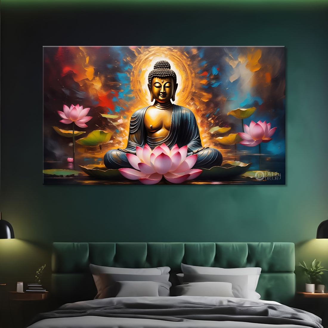Golden buddha with colorful and lotus background textured painting Canvas Wall Painting - Buddha-348