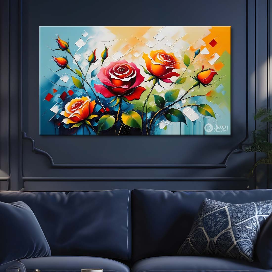 Colorful flowers in blue background canvas painting- Flower-349