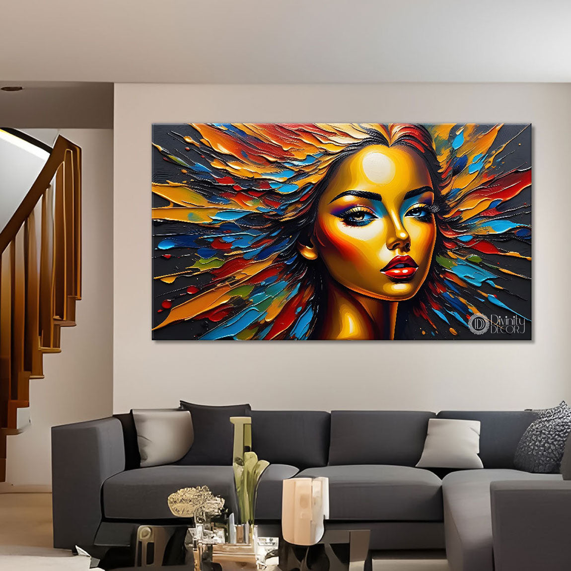 Beautiful woman with colorful background modern art Canvas Painting - Design - Modern-L-349