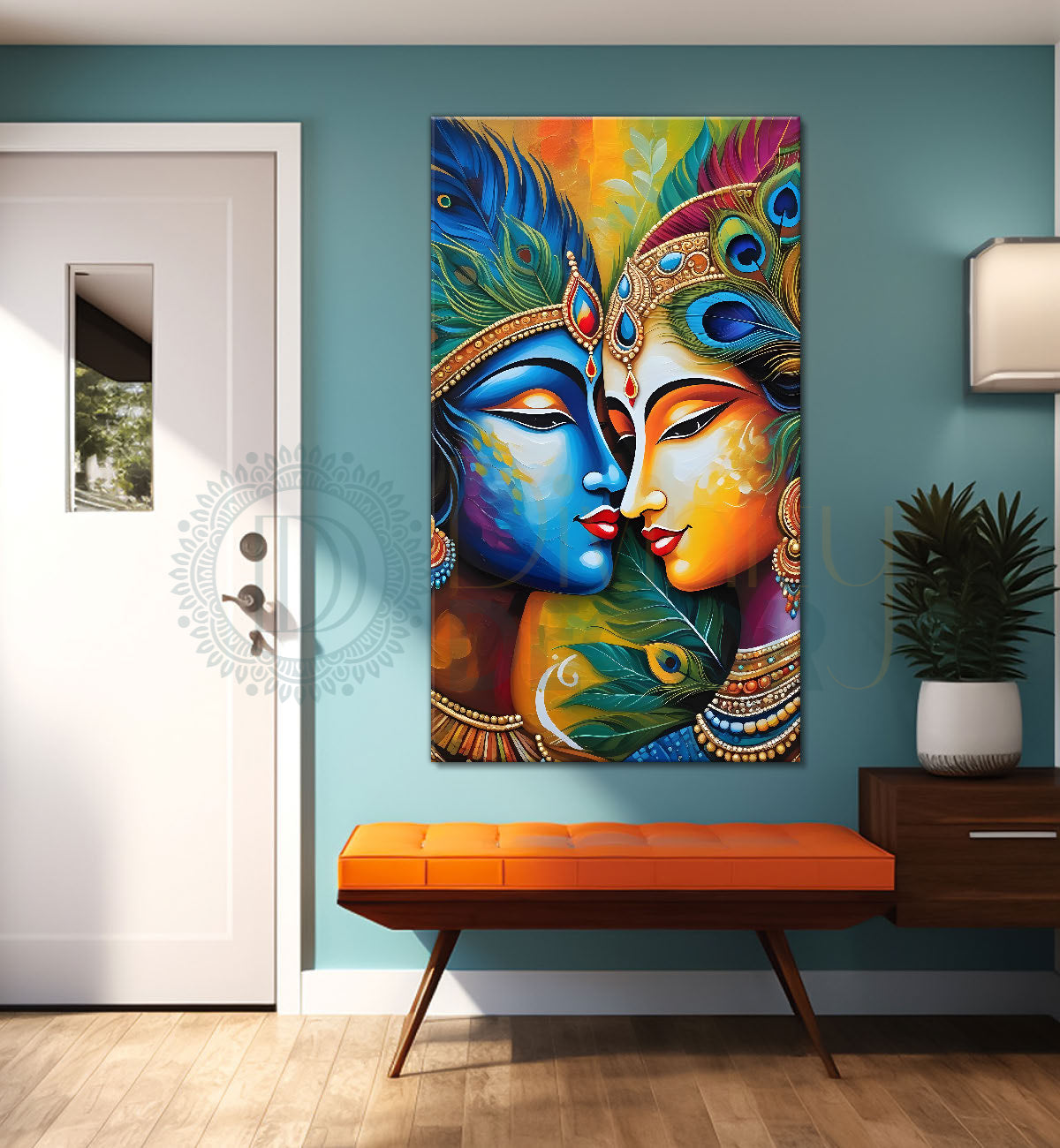 Blue face of krishna with radha in orange background textured art Canvas Painting - Design - Krishna-V-34