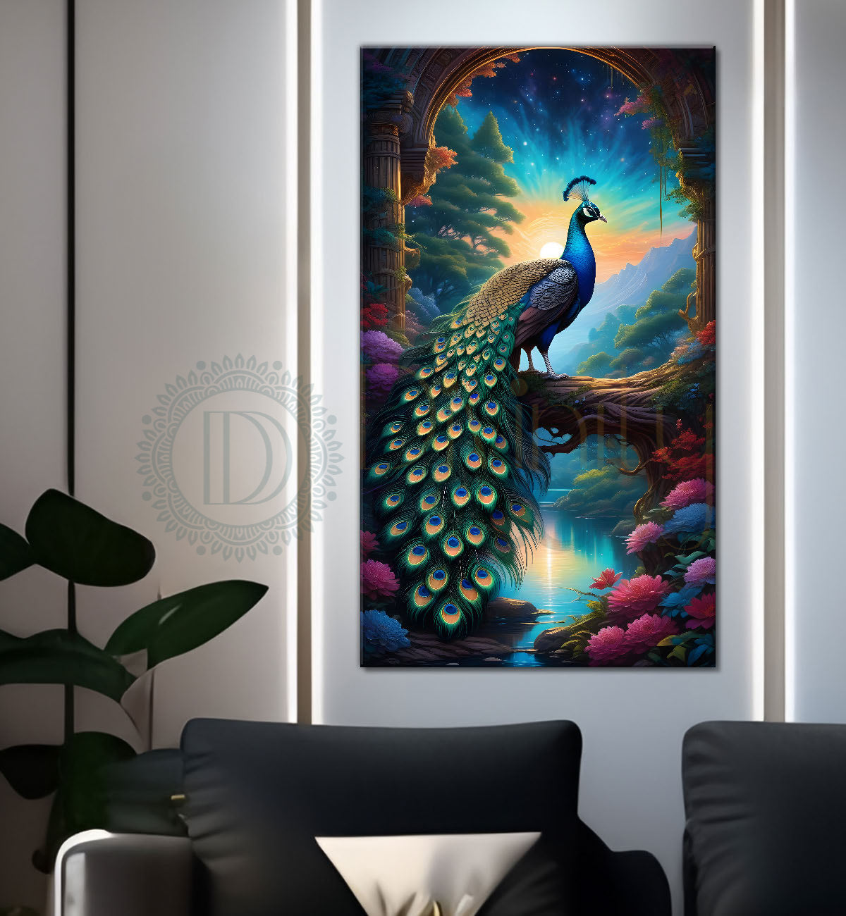 Peacock on branch in front of moon with blue background modern art painting - Design - Peacock-V-34